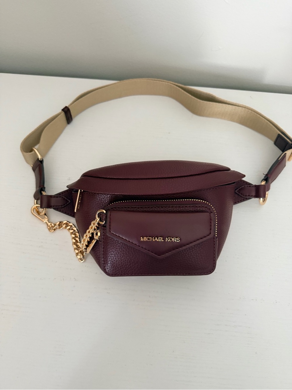 Michael Kors Burgundy Leather Crossbody Belt Bag with Gold Chain
